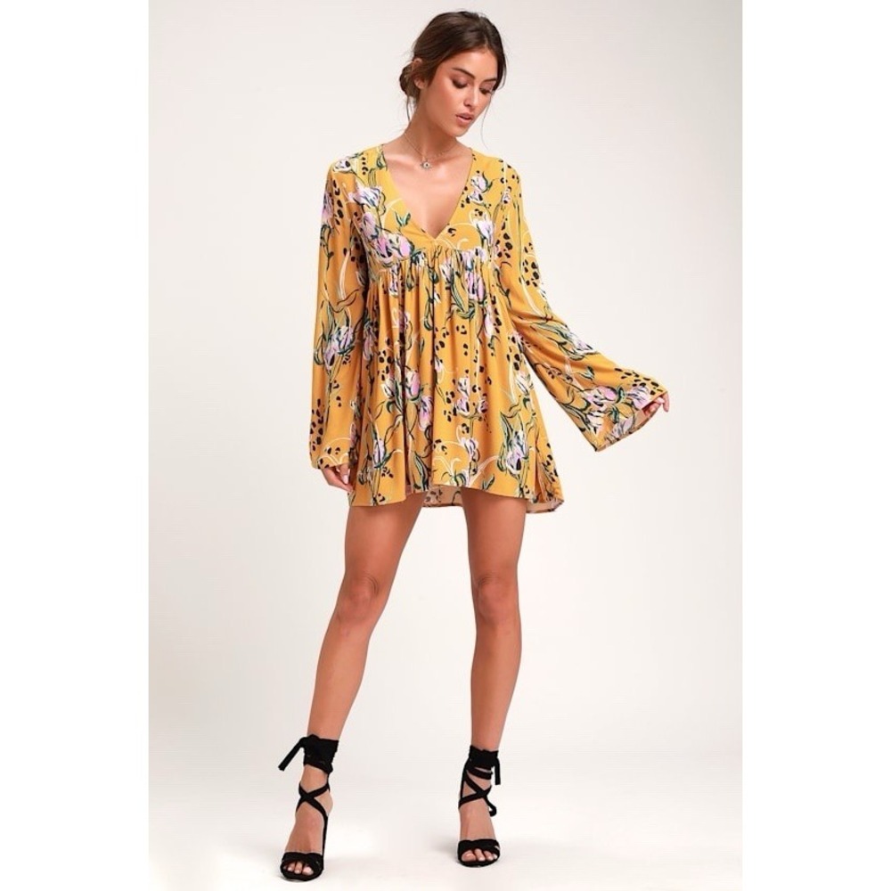 Free People Bella Floral Print Empire Tunic Top in golden yellow -Boho